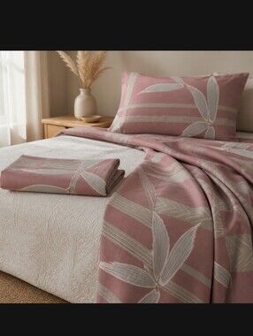 RARE Vintage 80's Wamsutta King Sheet SET Pink Beige Bamboo Print Boho 4Pc Set